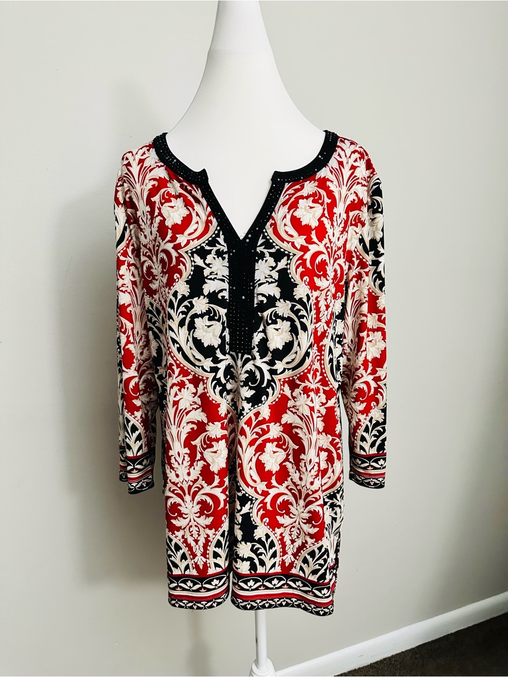 JM Collection Red Black White Baroque-Print Tunic with V-Neck